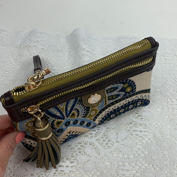 Spartina Linen & leather Wristlet Pouch bag Paisley Blue Tan Boho Gold Zipper - Picture 4 of 13